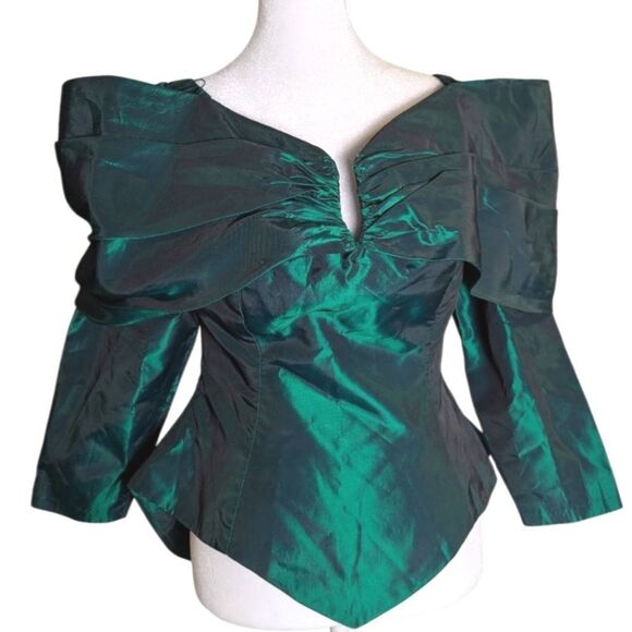Vintage 80s Emerald Green Iridescent Off Shoulder Bow Sleeve Formal Top Blouse 8 - Picture 1 of 10